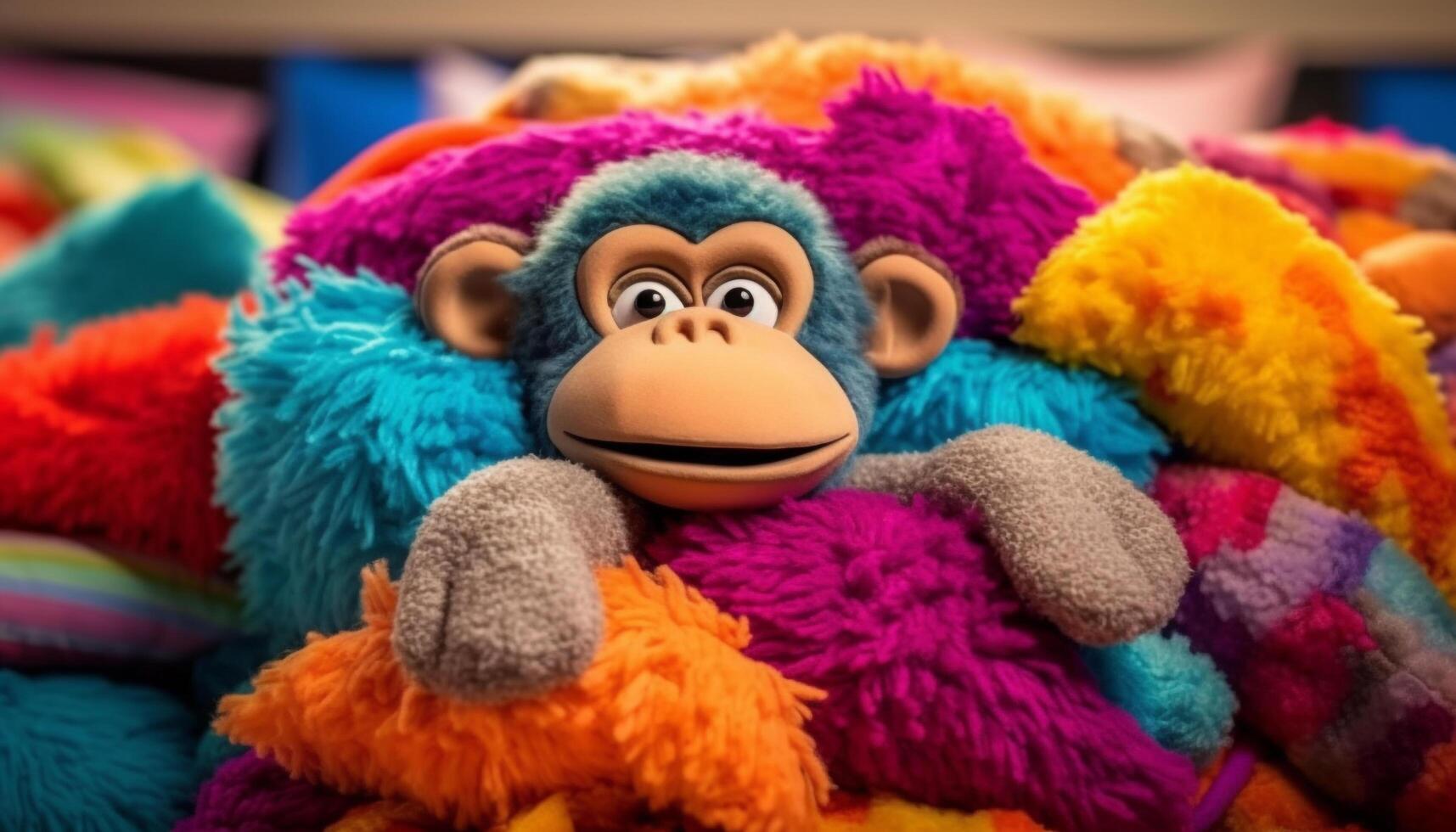 Cute monkey toy, colorful and fluffy, brings joy and fun generated by AI photo