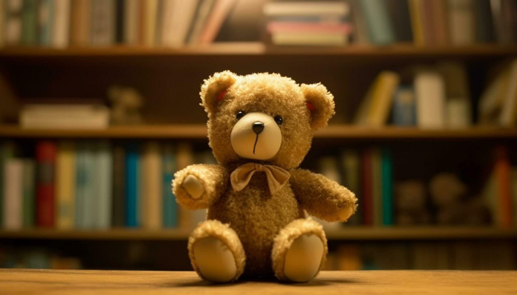 linda osito de peluche oso sentado en estante para libros, trayendo infancia alegría generado por ai foto