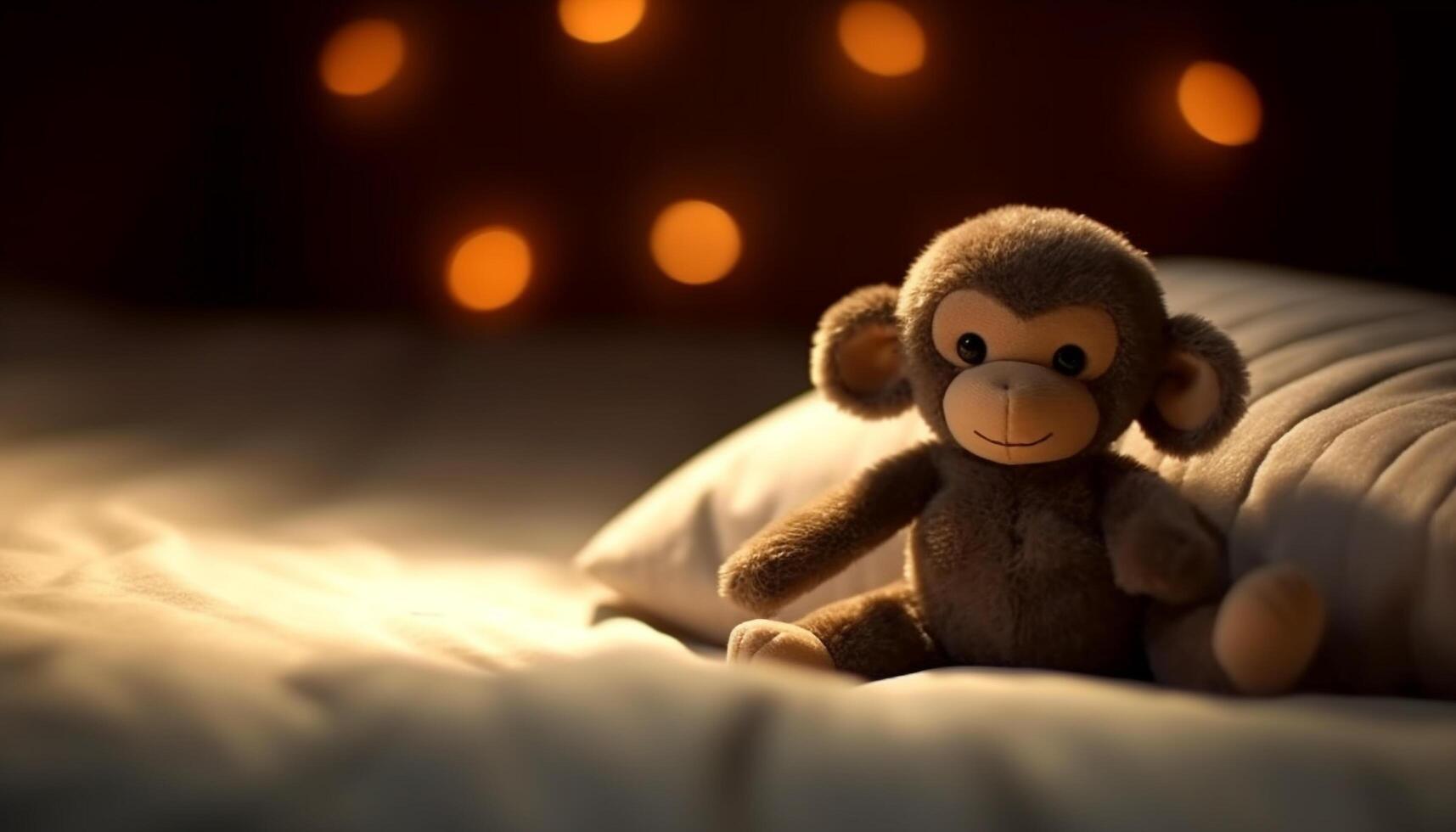 Cute animal on bed with toy, night, teddy bear indoors generated by AI photo