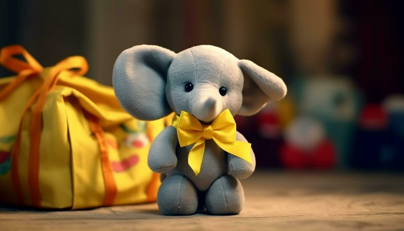 Cute toy elephant on wooden table, a joyful childhood gift generated by AI photo