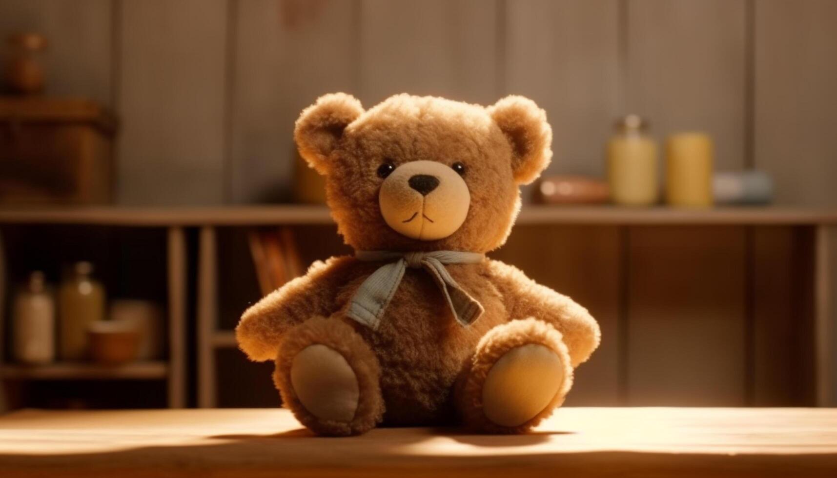 A cute teddy bear sitting on a wooden table indoors generated by AI photo