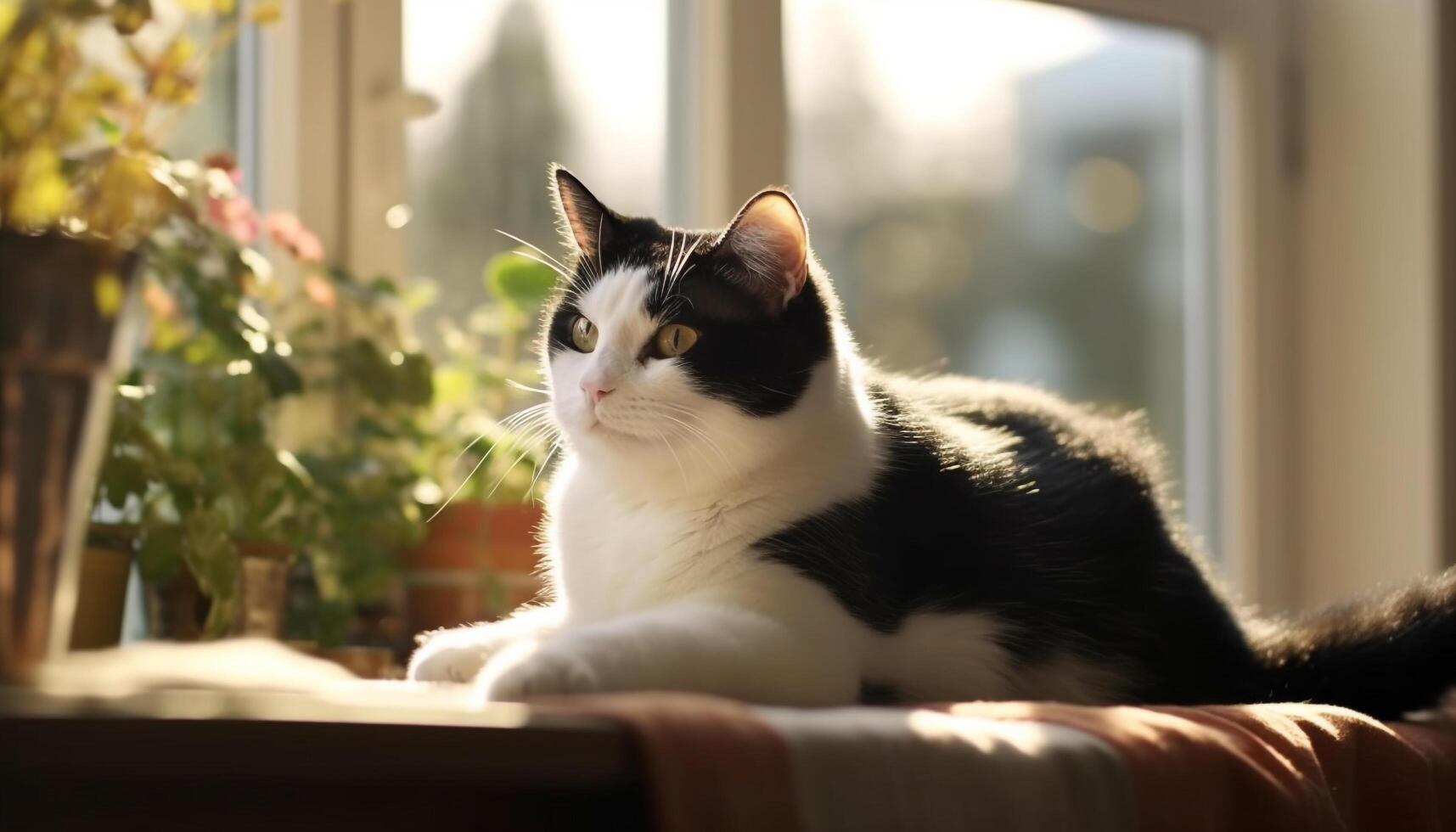 Cute kitten sitting on a soft sofa, staring at camera generated by AI photo