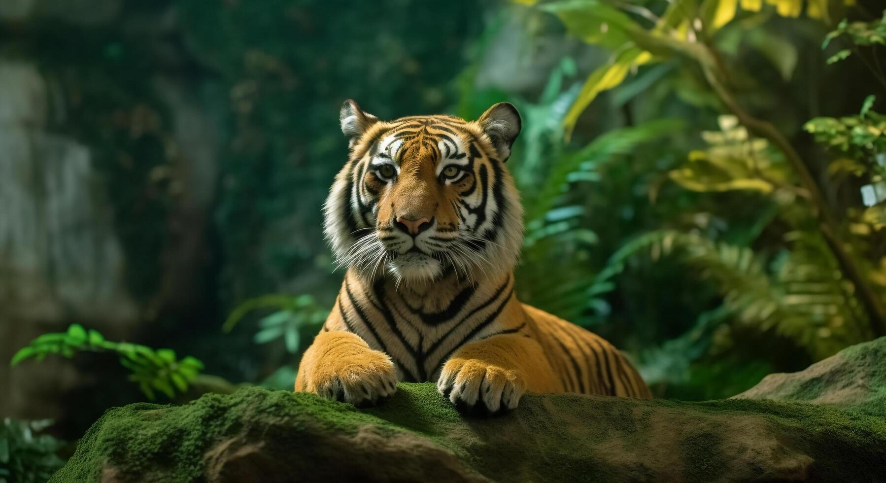 Majestic Bengal tiger hides in tropical rainforest, staring with aggression generated by AI photo