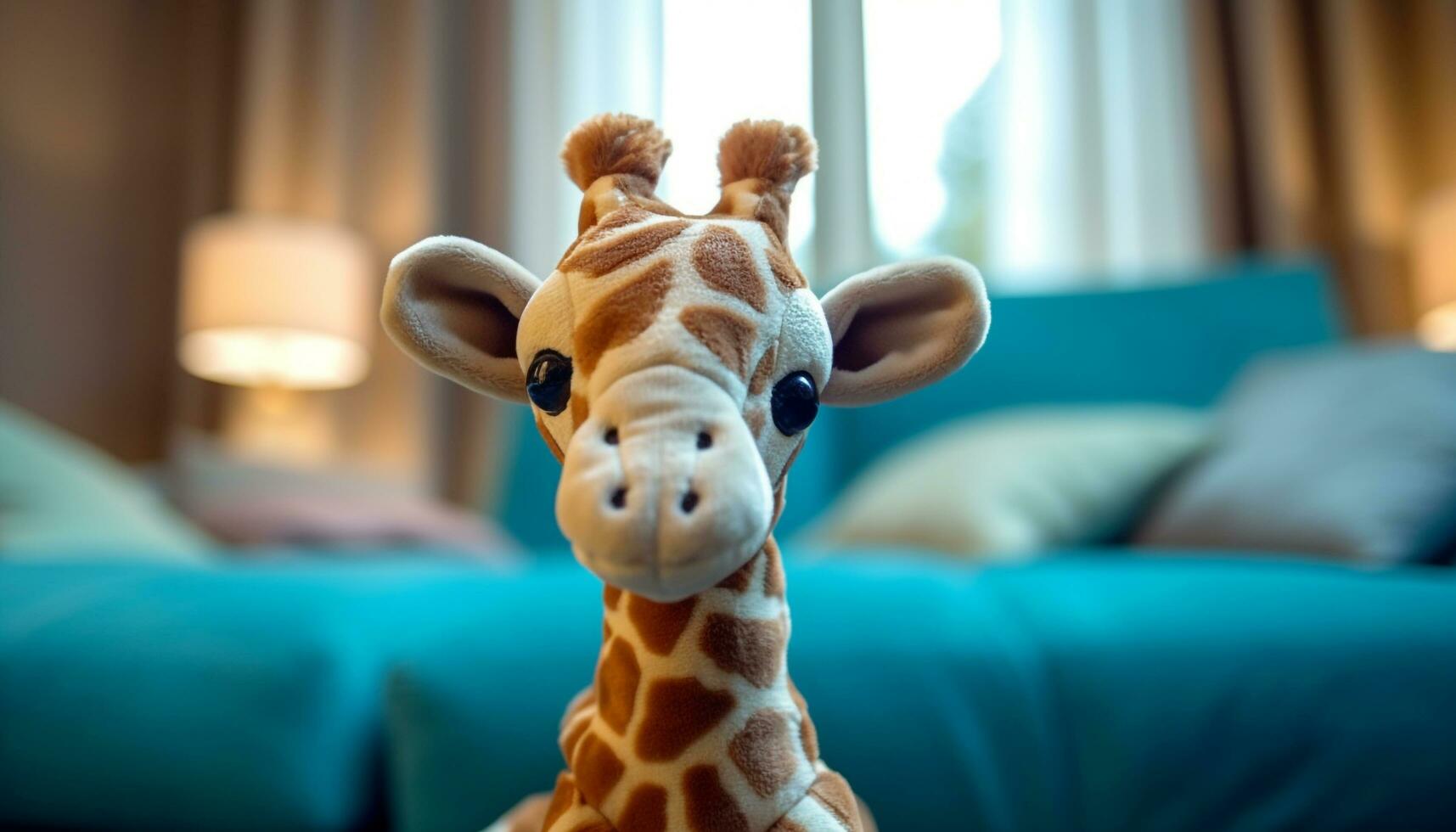 Cute giraffe toy on bed brings fun and cheerful childhood generated by AI photo