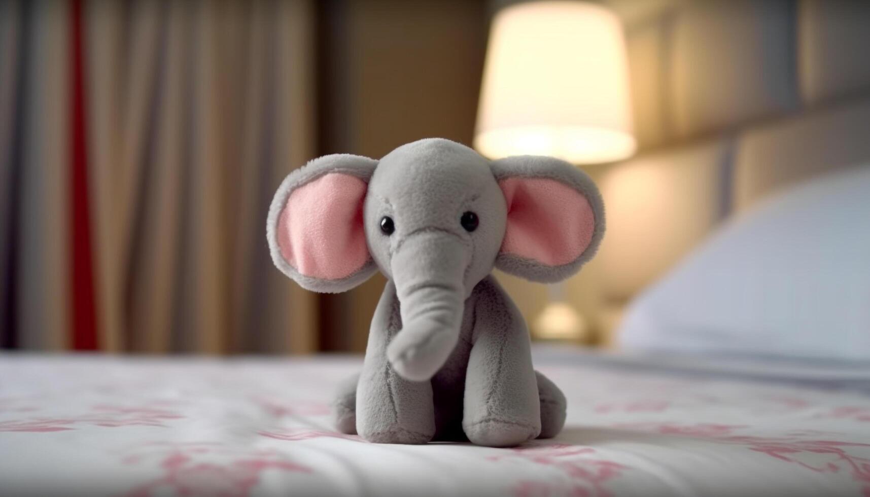 Cute elephant toy on a soft pillow in a cozy bedroom generated by AI photo