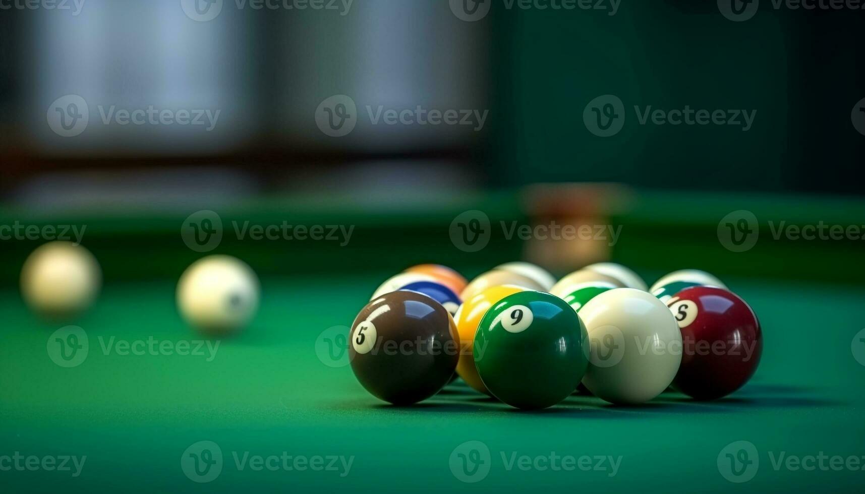 Playing pool in a pub, aiming for success with striped balls generated by AI photo