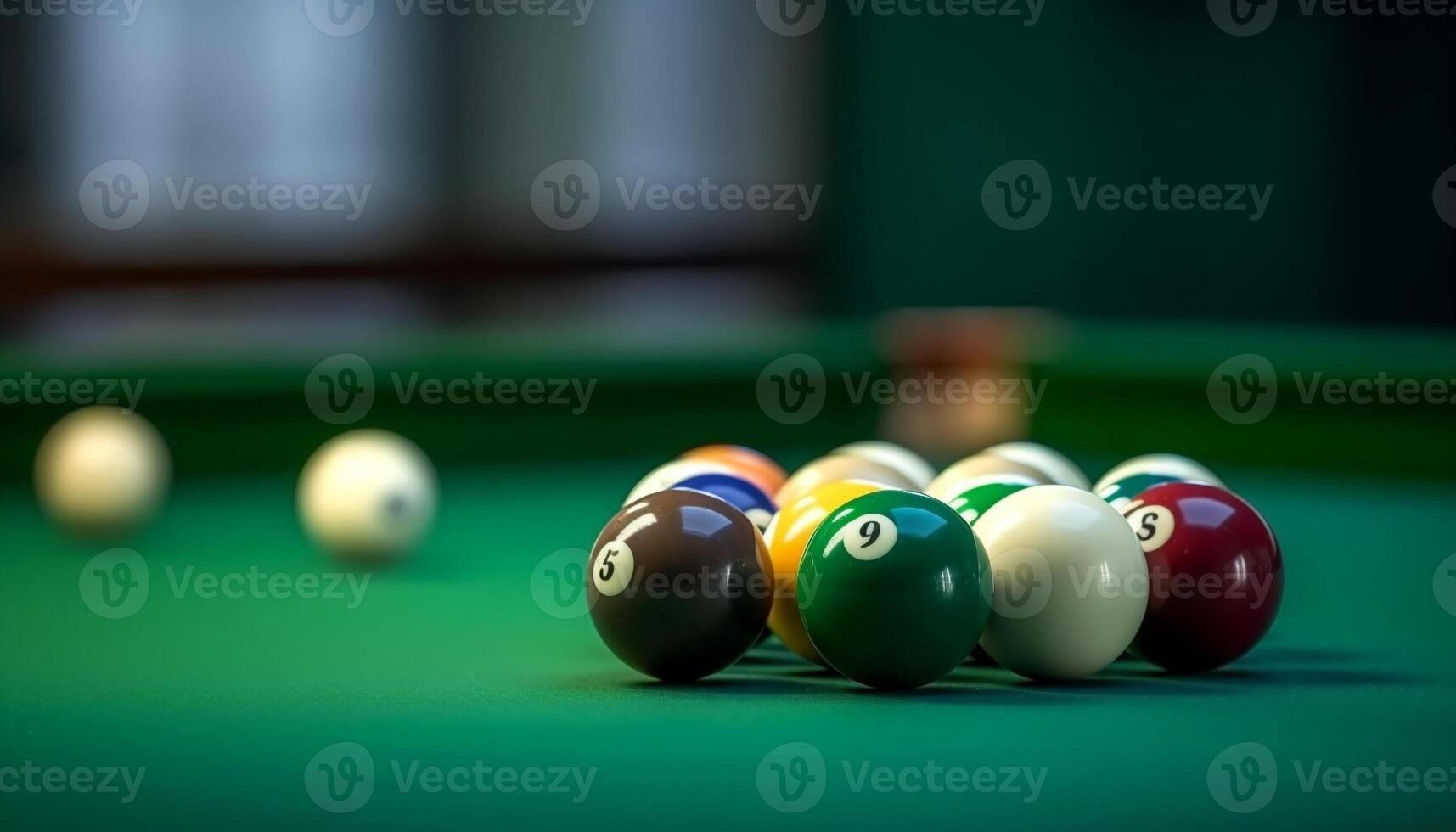 Playing pool in a pub, aiming for success with striped balls generated by AI photo