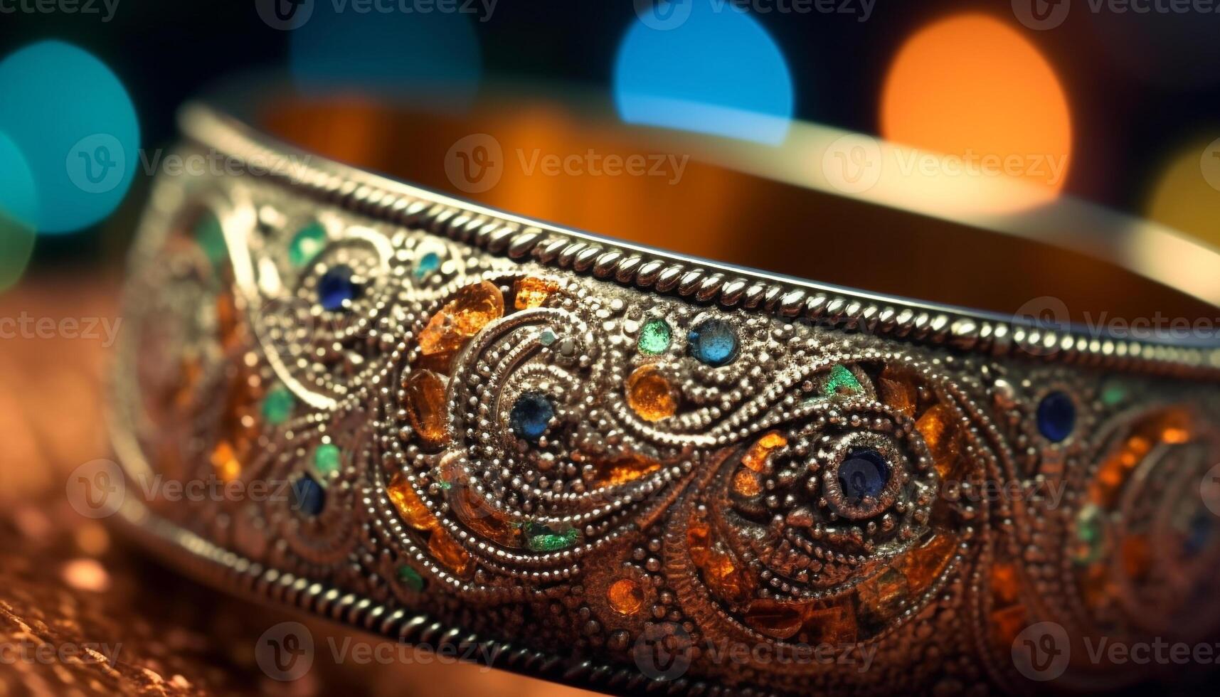 Shiny metal jewelry, vibrant colors, elegant craft, Indian cultural celebration generated by AI photo