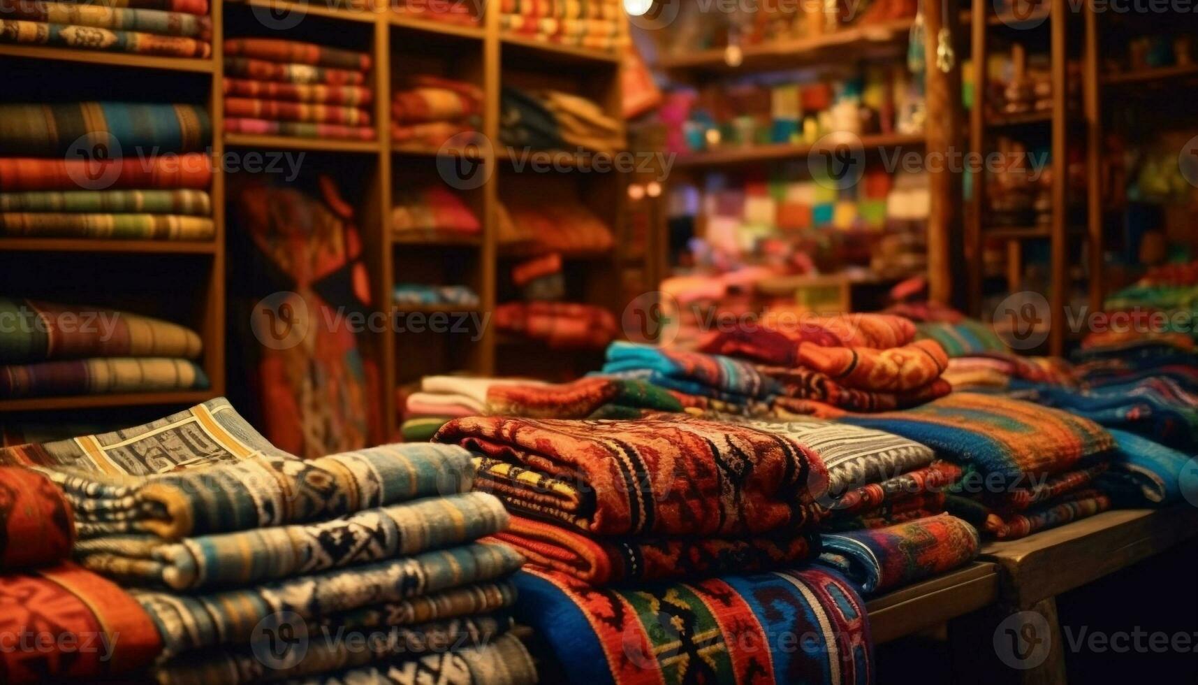 Turkish rugs, silk pillows, and woolen textiles decorate the store generated by AI photo