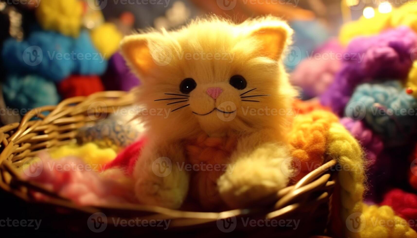Cute kitten playing with a yellow toy basket, fluffy and soft generated by AI photo