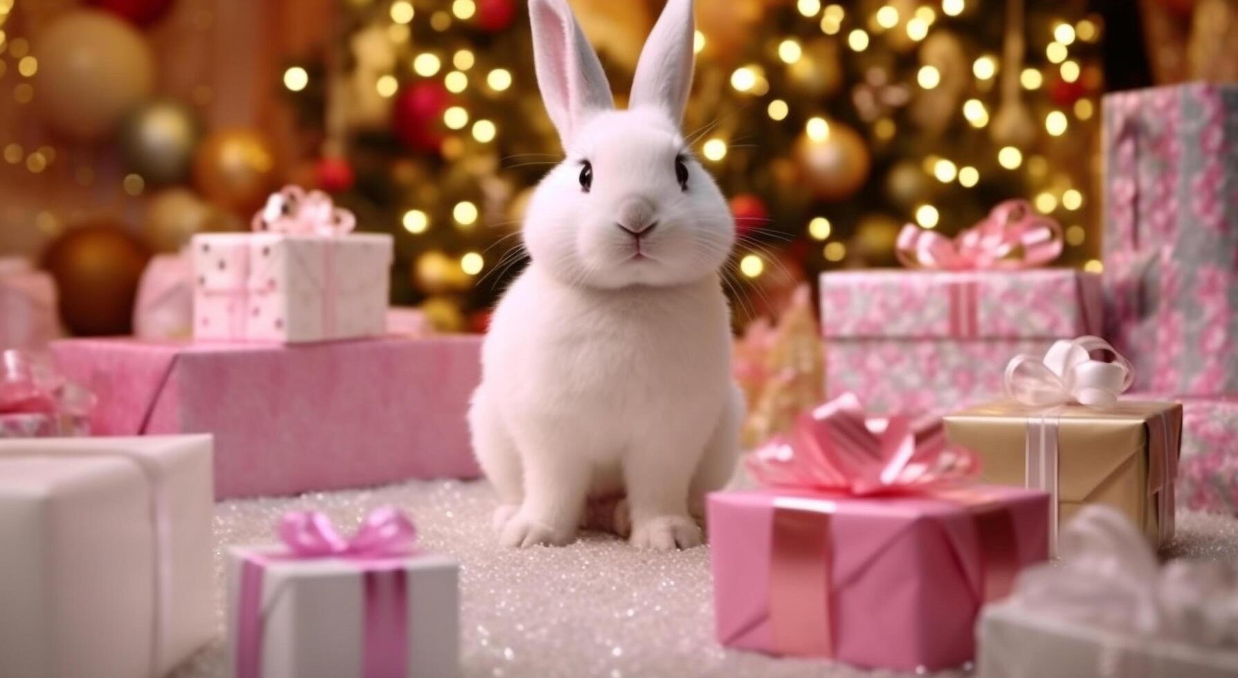 Cute baby rabbit sitting in a decorated gift box indoors generated by AI photo