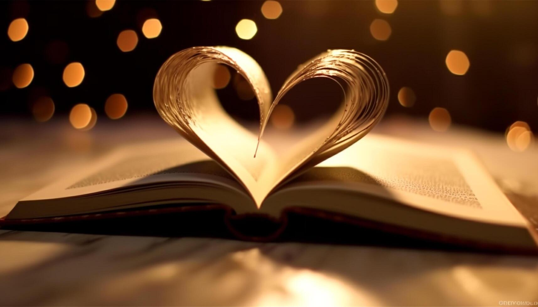 Love and wisdom illuminate the pages of a romantic book generated by AI photo