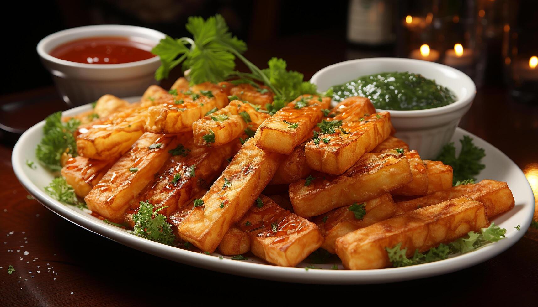 A plate of gourmet meal, fresh and close up, appetizing snack generated by AI photo