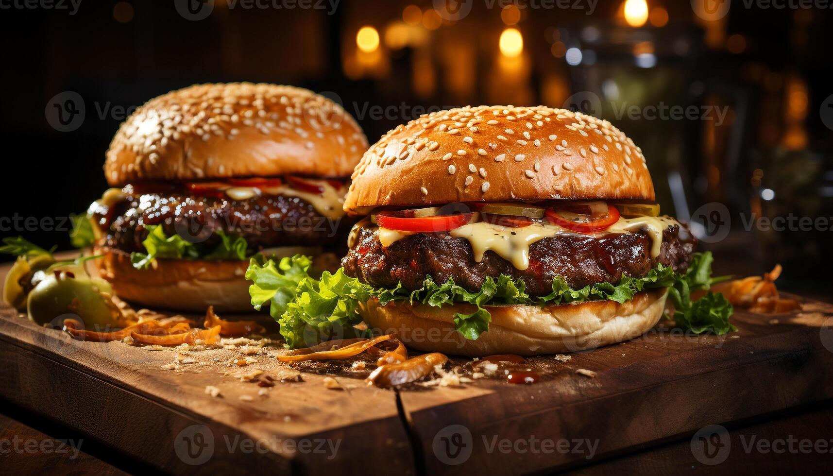 Grilled beef burger with cheese, tomato, onion on rustic bread generated by AI photo