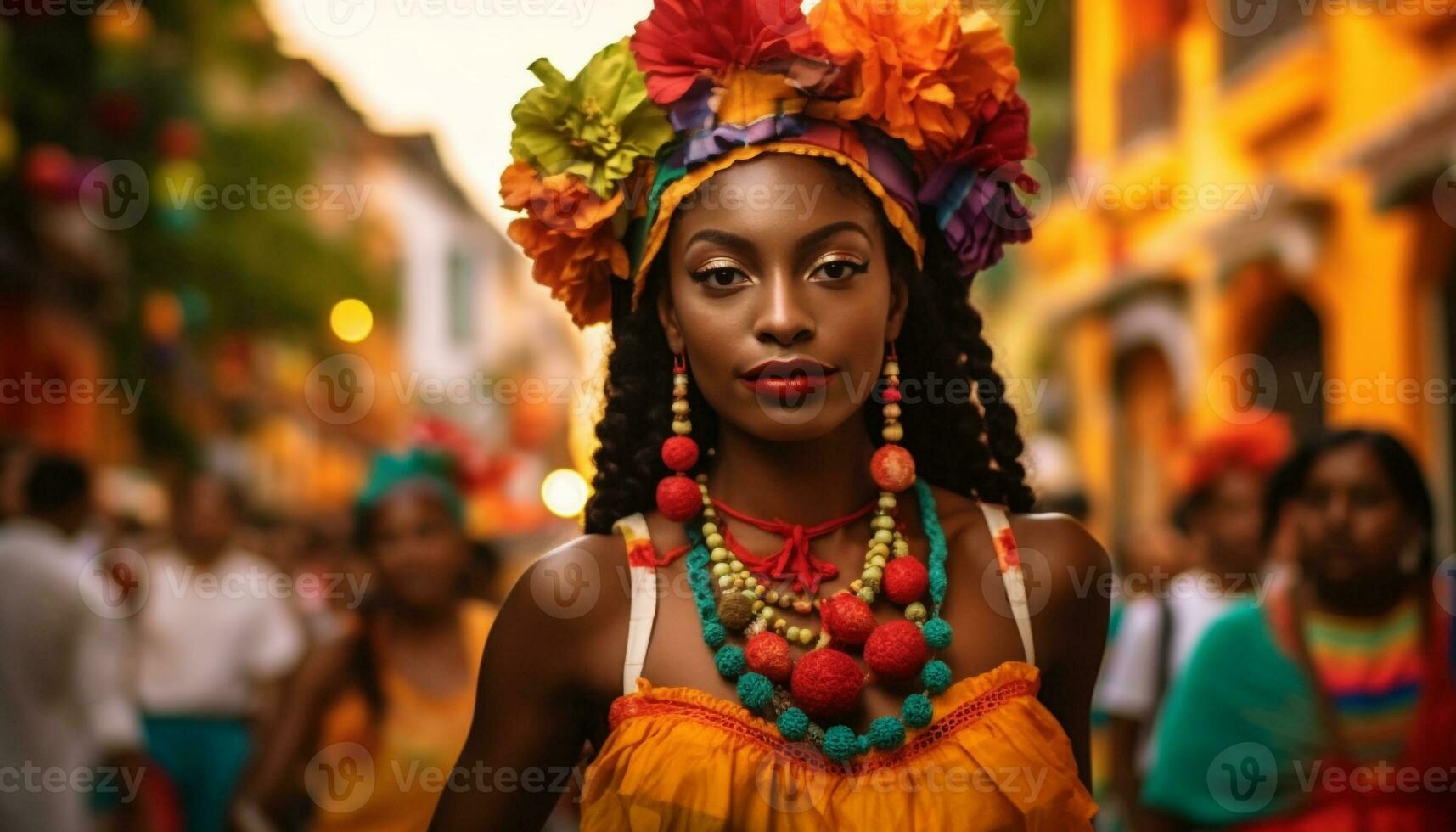 sonriente joven mujer en tradicional ropa celebrar brasileño cultura al  aire libre generado por ai 32853937 Foto de stock en Vecteezy