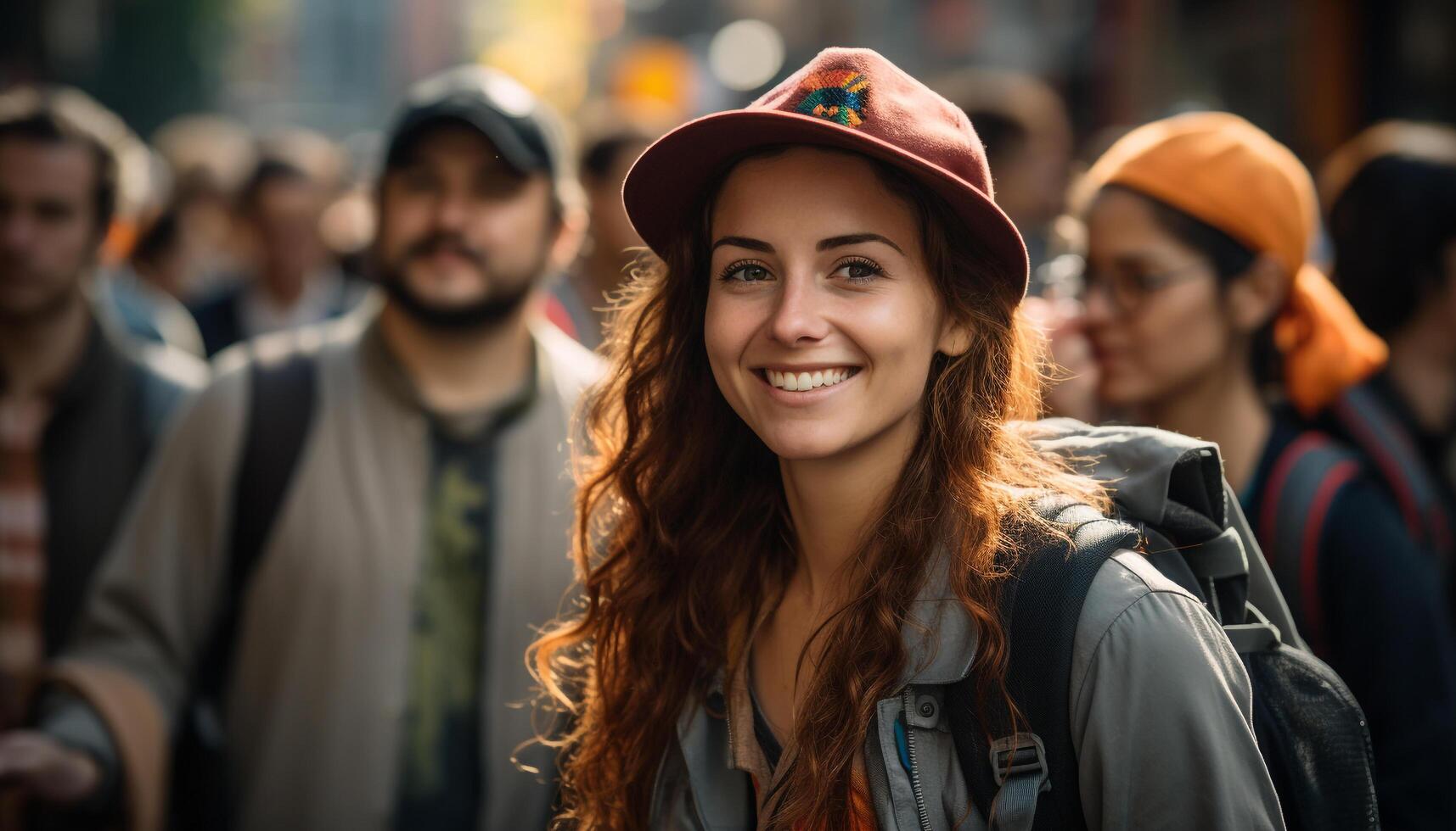 sonriente joven adultos al aire libre, hombres y mujer, felicidad y amistad generado por ai foto