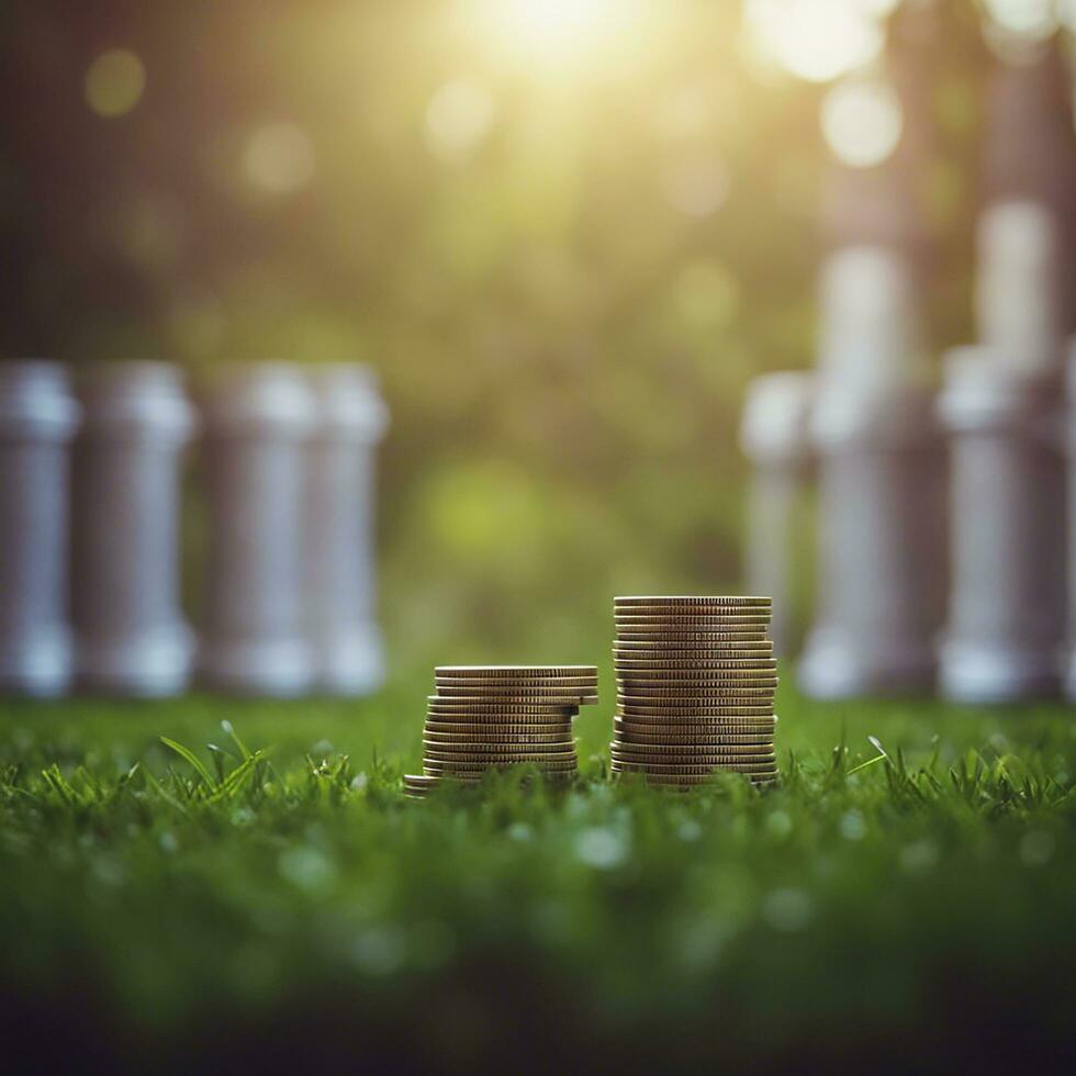 Piles of coins tacked coin on green grass growing money concept. photo