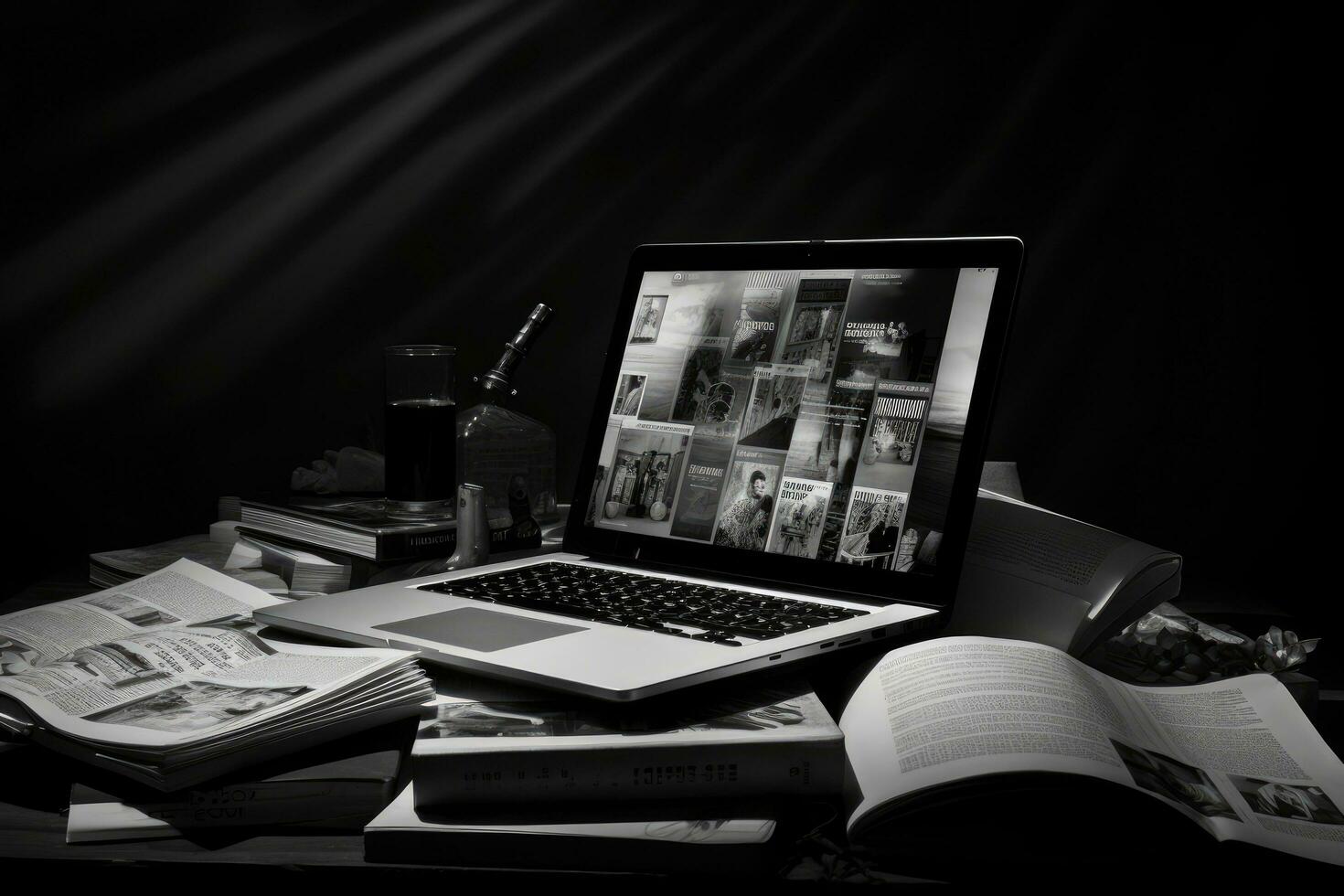 laptop and books on the table, black and white photo, laptop and newspapers on black and white backgroun, laptop and newspapers on black and white background, business still life, AI Generated photo