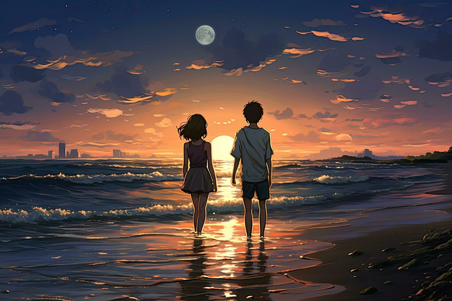 Young couple walking on the beach at night with full moon in the sky, Craft an intimate anime image of the young boy and girls on the beach, AI Generated photo