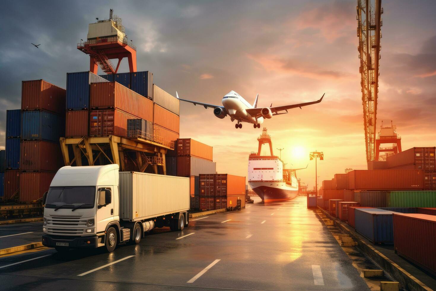 Truck and container cargo freight transportation and import export commercial logistic background, Logistics and transportation of goods by ship, airplane, truck and container, AI Generated photo