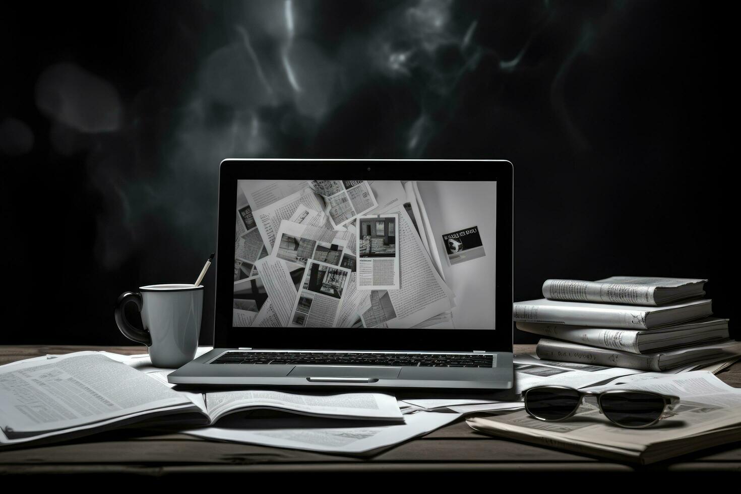 digital compuesto de ordenador portátil con libros y café taza en de madera mesa, ordenador portátil y periódicos en negro y blanco fondo, negocio todavía vida, ai generado foto