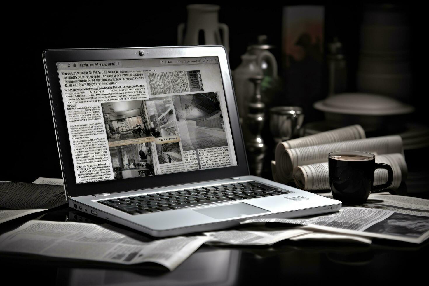 ordenador portátil en un escritorio con un periódico y un taza de café, ordenador portátil y periódicos en negro y blanco fondo, negocio todavía vida, ai generado foto