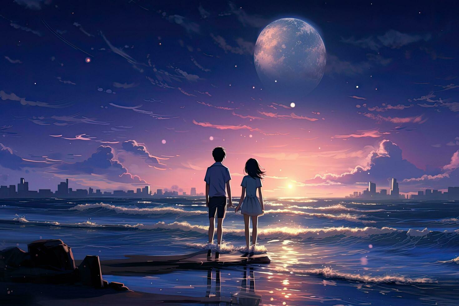 Couple standing on the beach and looking at the sea at night, Craft an intimate anime image of the young boy and girls on the beach, AI Generated photo