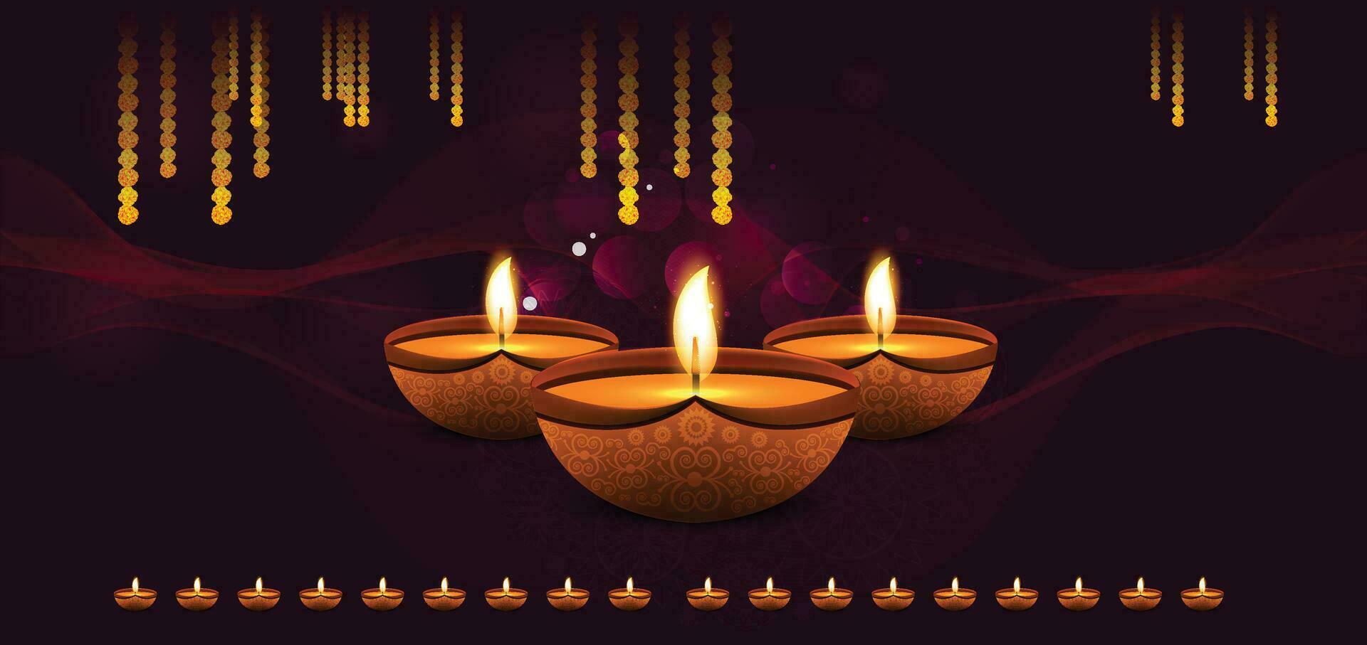 Glowing diwali diya decorative festival web banner vector