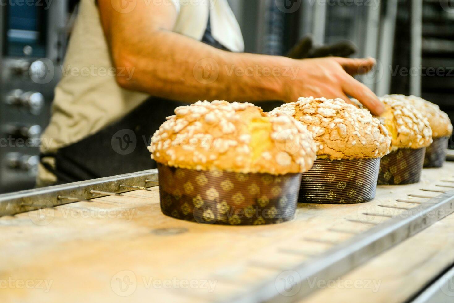 pastry baker artisan baking small group of italian panettone sweet bread typical for christmas time photo