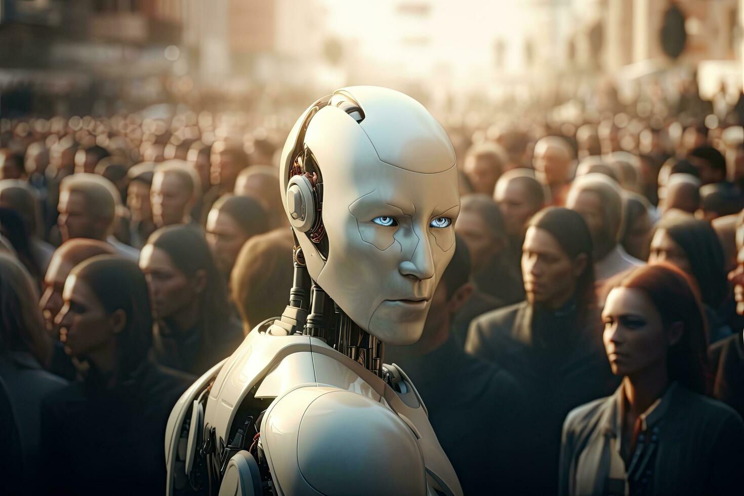 Crowd of people and robot in Rome, Humanoid robot in a crowd. 3d rendering toned image, AI Generated photo