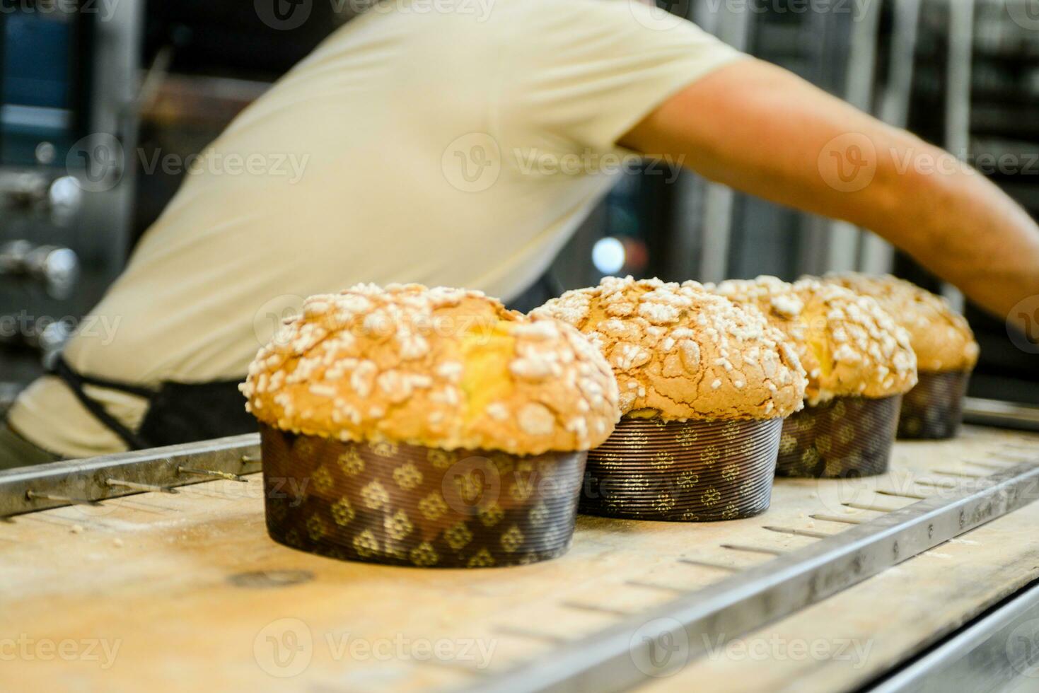 pastry baker artisan baking small group of italian panettone sweet bread typical for christmas time photo