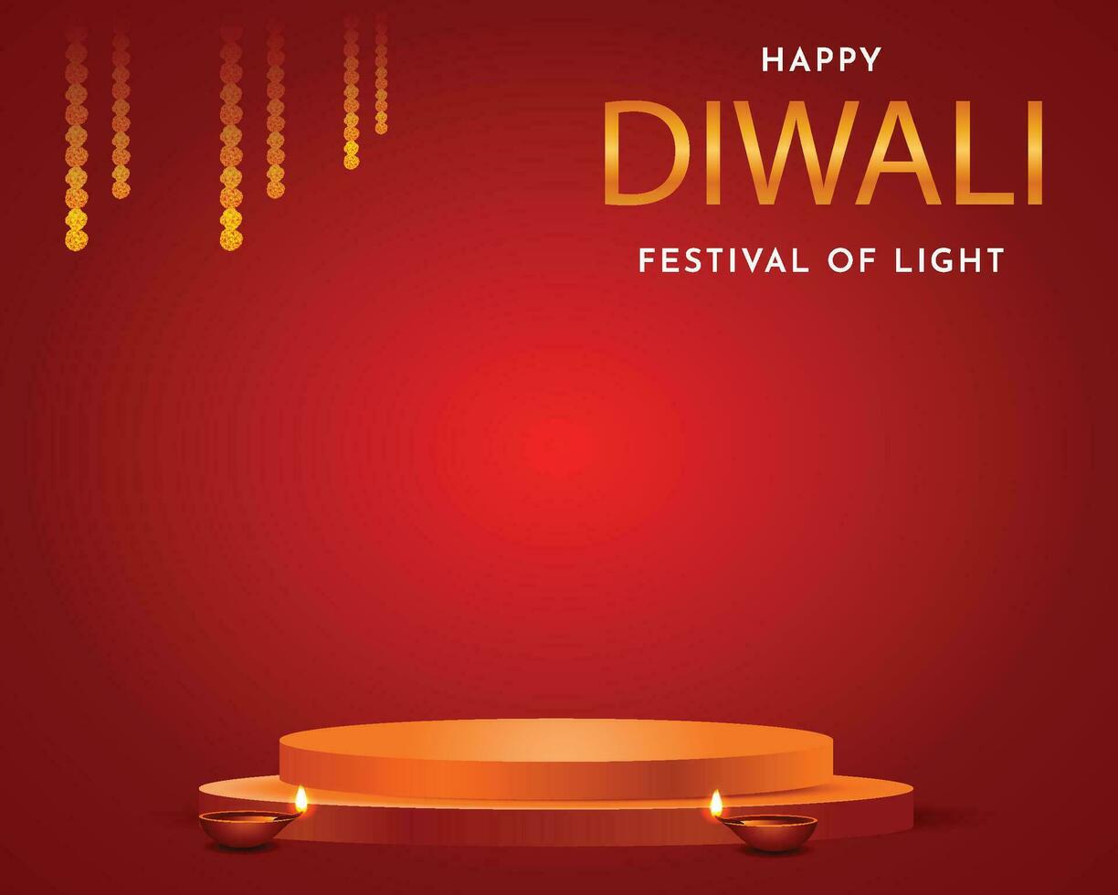 diwali banner with diya and 3d podium for product display vector