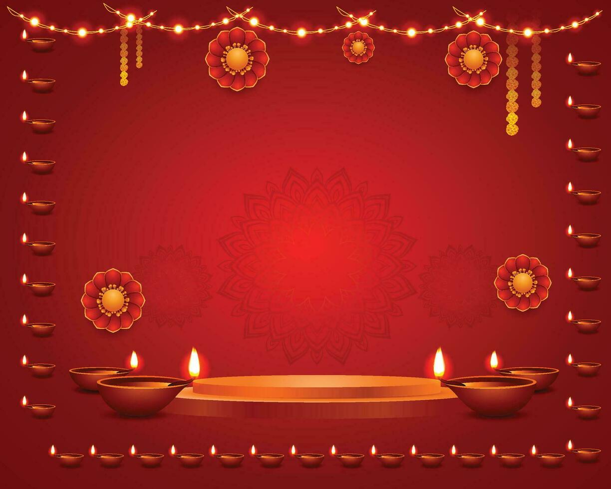 diwali banner with diya and 3d podium for product display vector