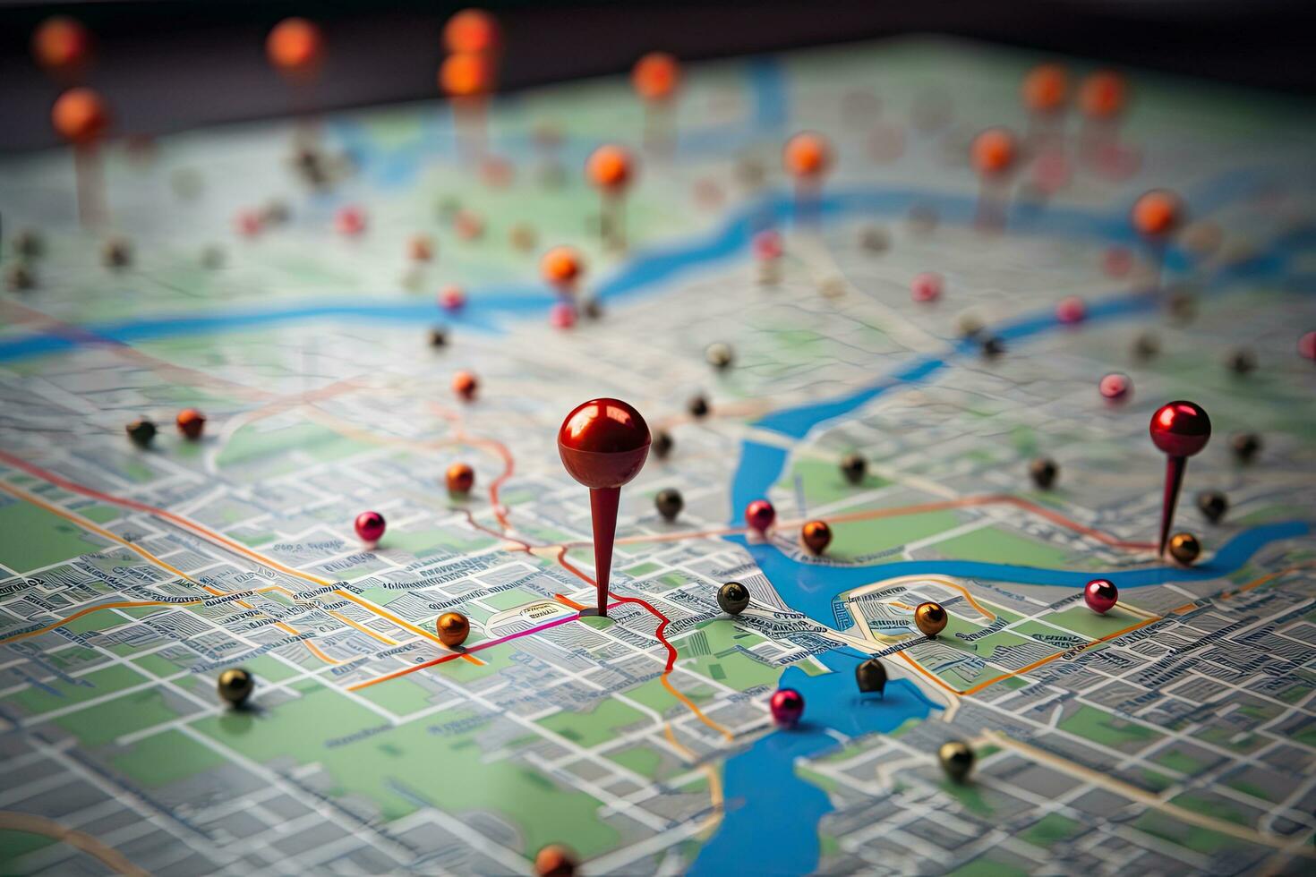 Map of the city with red pins. Travel and tourism concept, Location marking with a pin on a map with visible routes, AI Generated photo