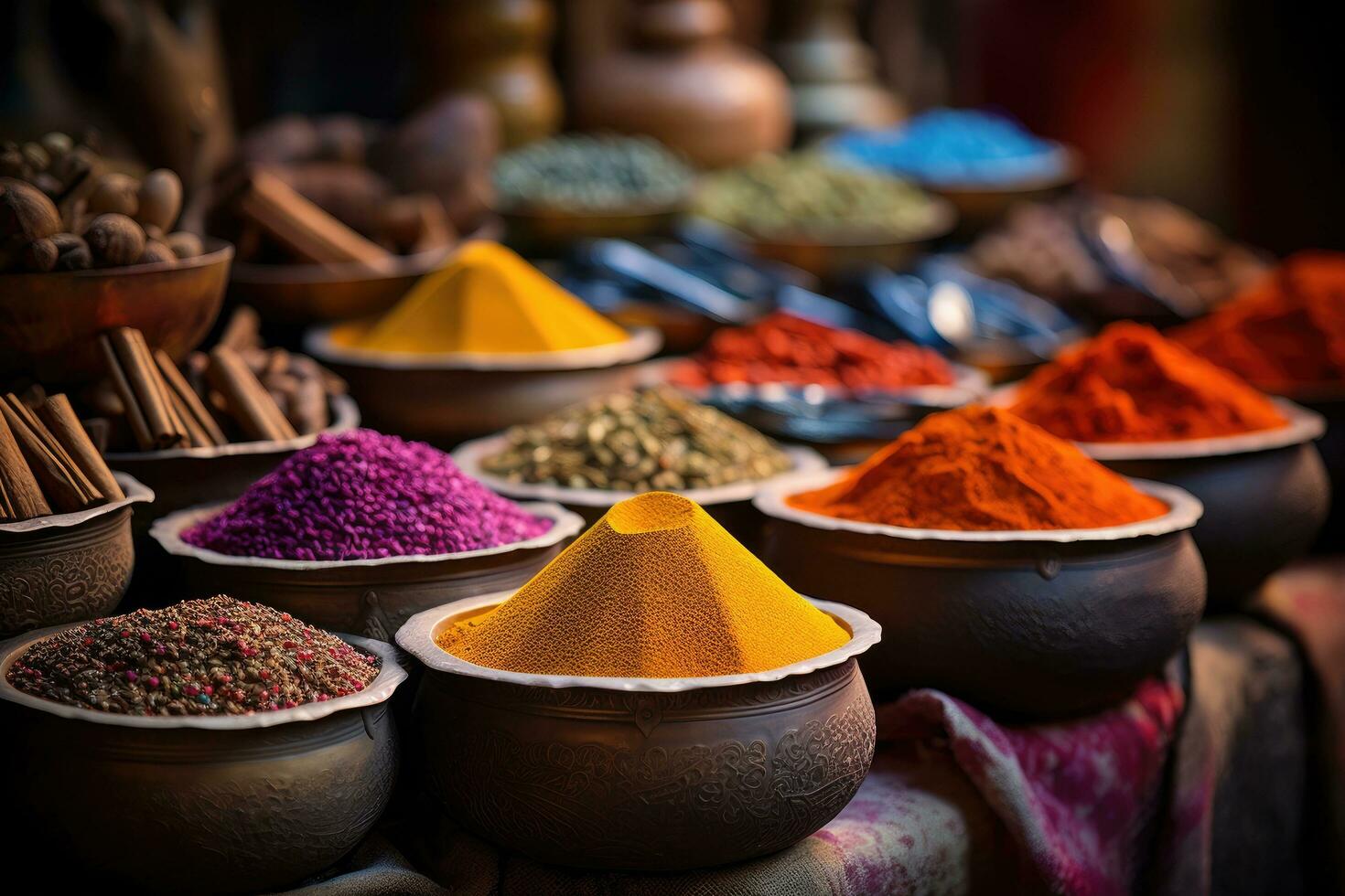 Colorful spices on the market in Bazaar, Turkey, Immerse in an exotic spice bazaar, with colorful sacks and jars showcasing a diverse array of global flavors in a vibrant market setting, AI Generated photo