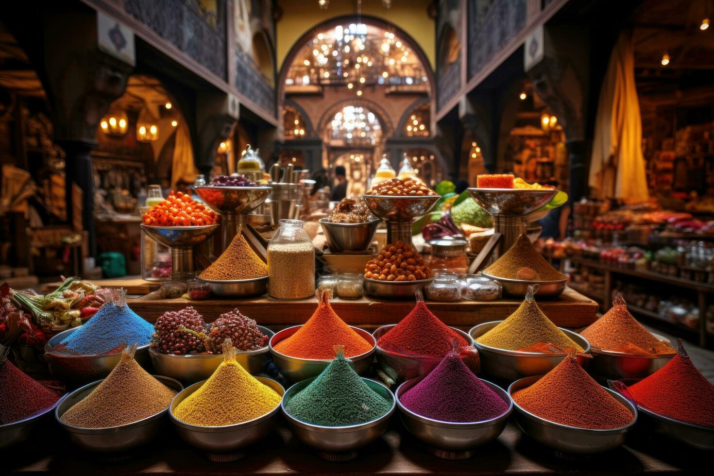Colorful spices in the souk of Marrakesh, Immerse in an exotic spice bazaar, with colorful sacks and jars showcasing a diverse array of global flavors in a vibrant market setting, AI Generated photo