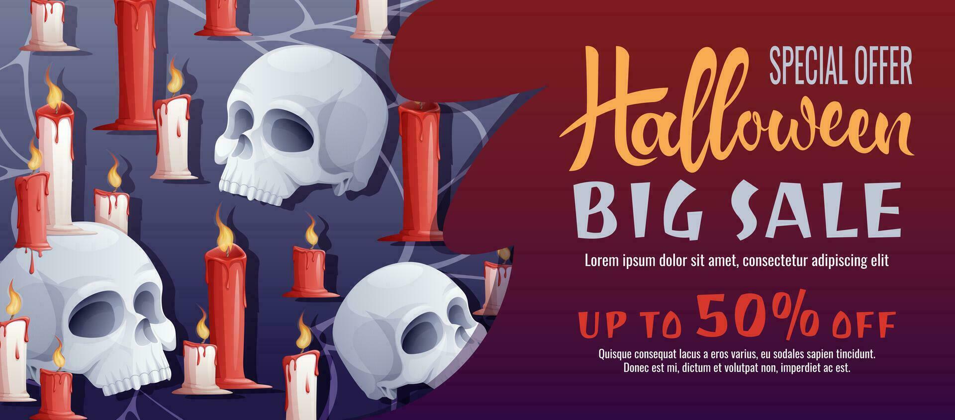 Discount banner design with skull and candles. Halloween sale, discount voucher. Template for banner, poster, flyer, advertisement. vector