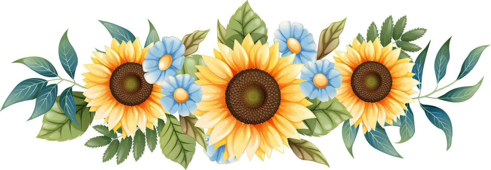 Floral arrangement of sunflowers and blue forget-me-nots on an isolated background. Bouquet of wild and agricultural flowers. vector