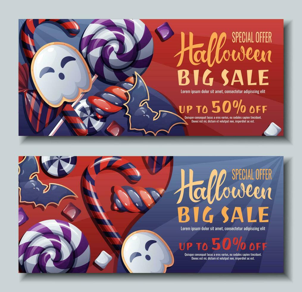 Set of Discount banner design with sweets and ghost cookies. Halloween sale, discount voucher. Template for banner, poster, flyer, advertisement. vector