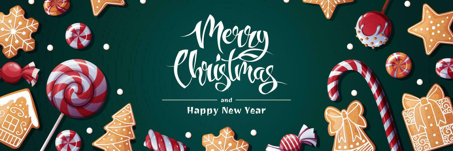 Festive banner with lollipops, candies and gingerbread cookies. Christmas background with gingerbread. Suitable for greeting cards, banners, posters, flyers for New Year and Christmas vector