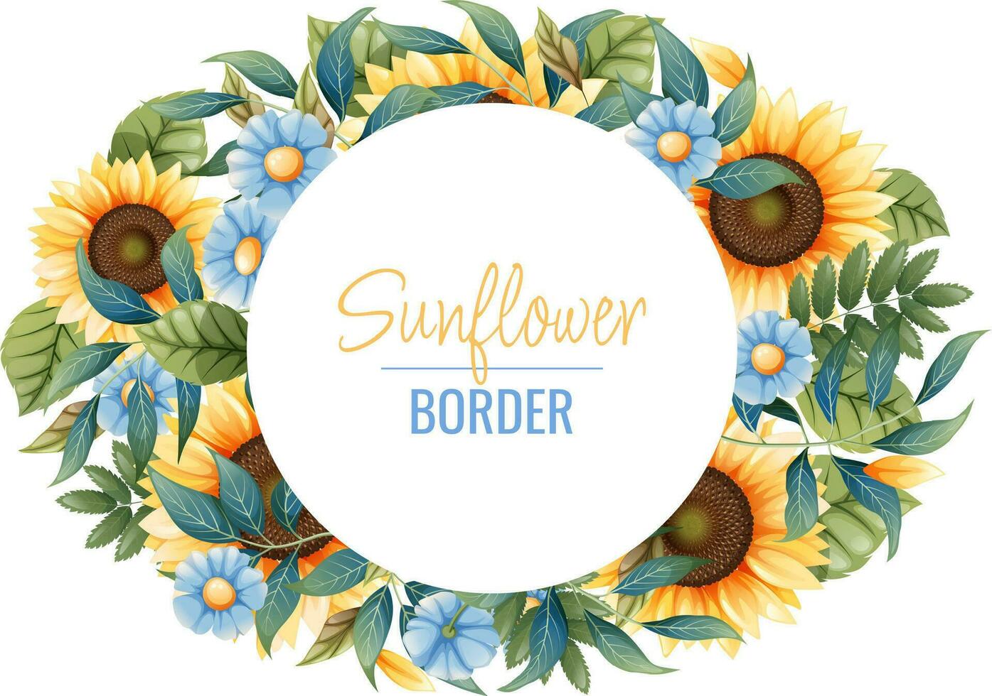 Banner template with sunflowers, blue daisies. Frame, banner with autumn wildflowers. Background with botanical elements. vector