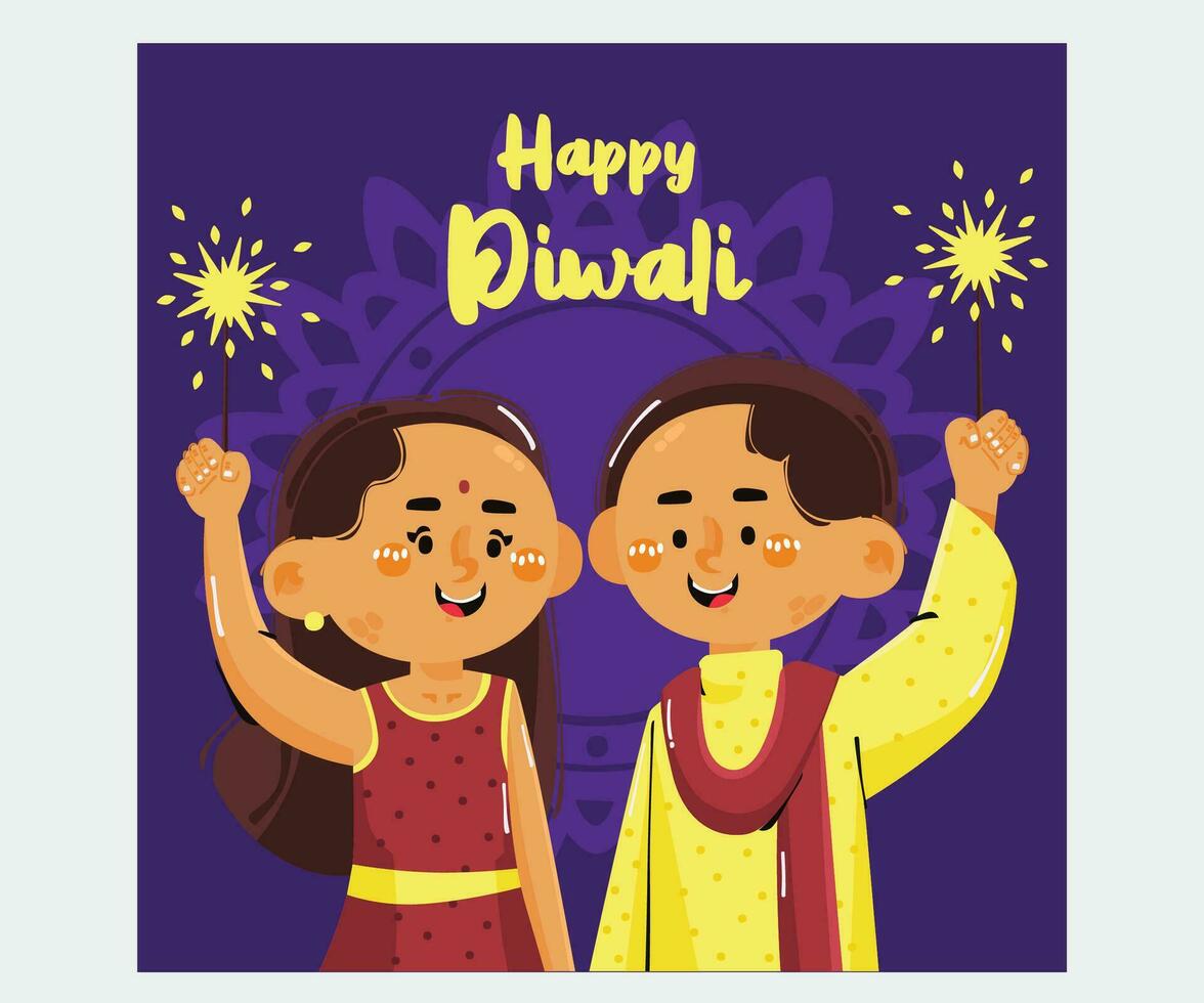 Happy Diwali Cartoon Kids Illustration vector