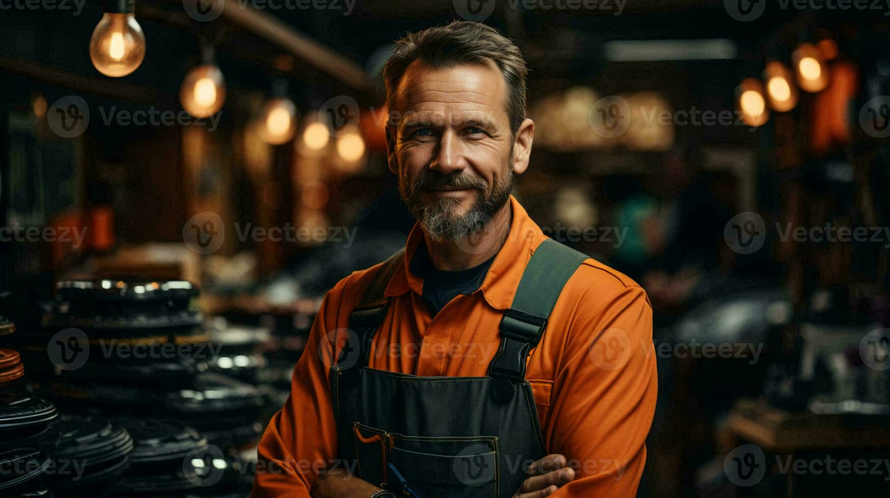 Male auto mechanic locksmith performs work on car repair at a service station workshop photo