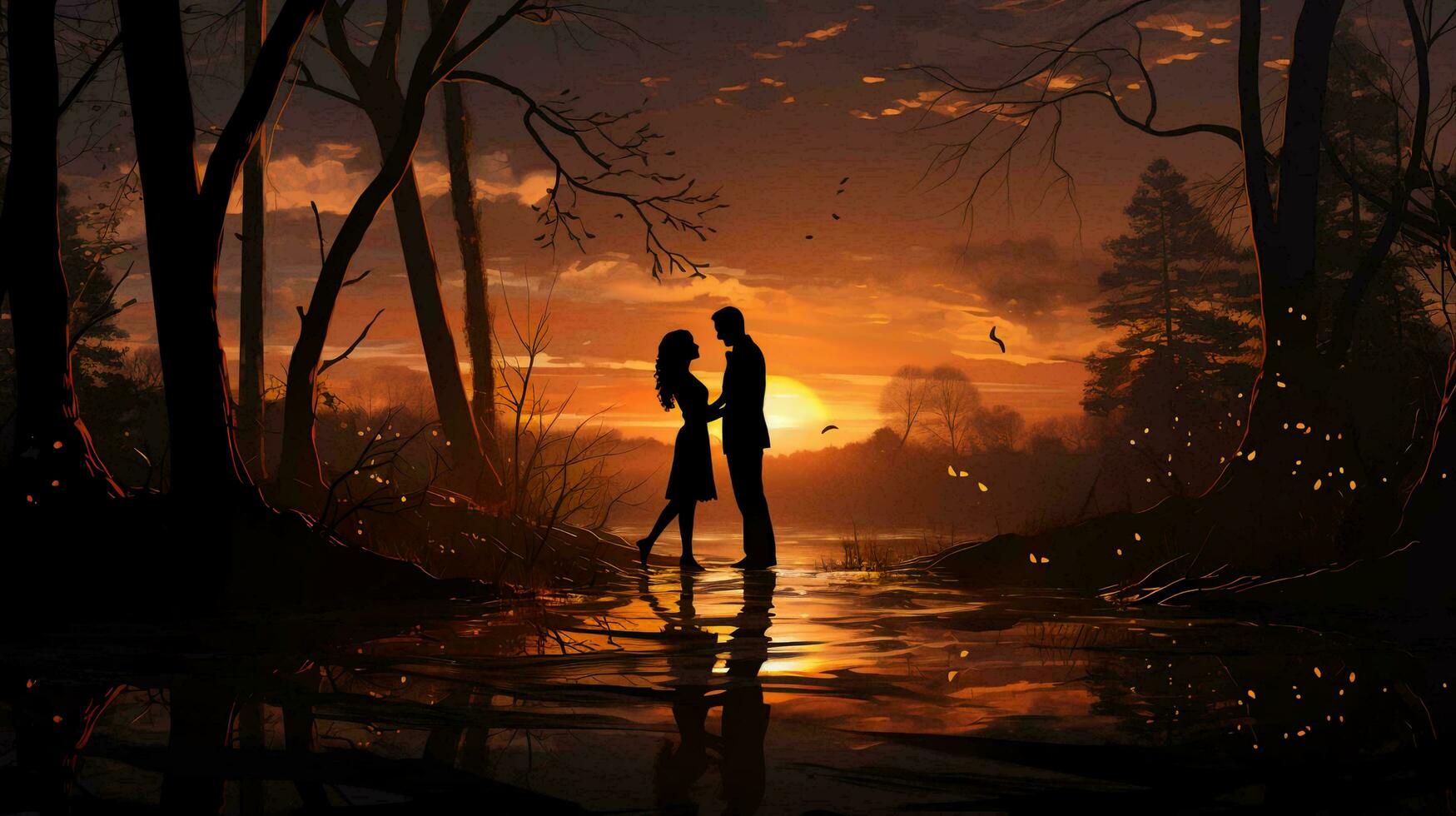 Silhouette of a couple of newlyweds in love at sunset against the background of a river, the concept of wedding and love photo