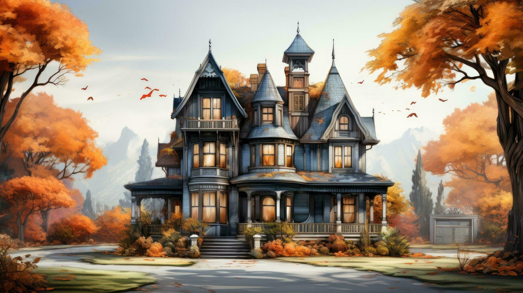 Creepy scary big house mansion castle on a white background, illustration for the holiday Halloween photo