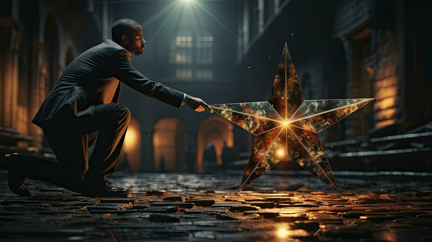 A man touches an abstract glowing magic star with his hand, the concept of getting a star from the sky, doing a romantic impossible deed photo