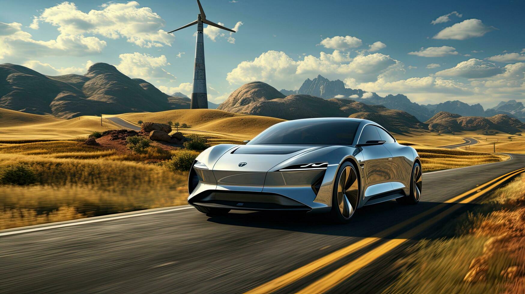 A modern electric car drives along the road against the backdrop of a wind turbine power station, the concept of environmentally friendly and green energy, renewable energy sources photo