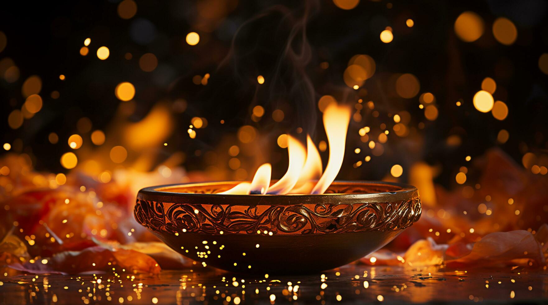 Flaming Bowl with Orange Petals and Golden Bokeh Background photo