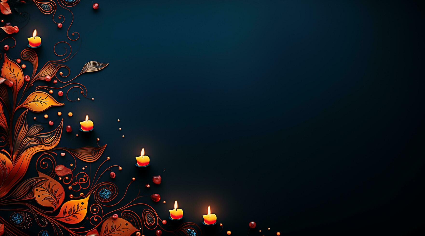 Dark Blue Diwali Background with Orange Floral Design and Candles photo