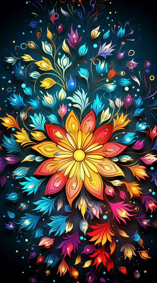 Colorful Abstract Floral Mandala with White Stars on a Dark Blue Background photo
